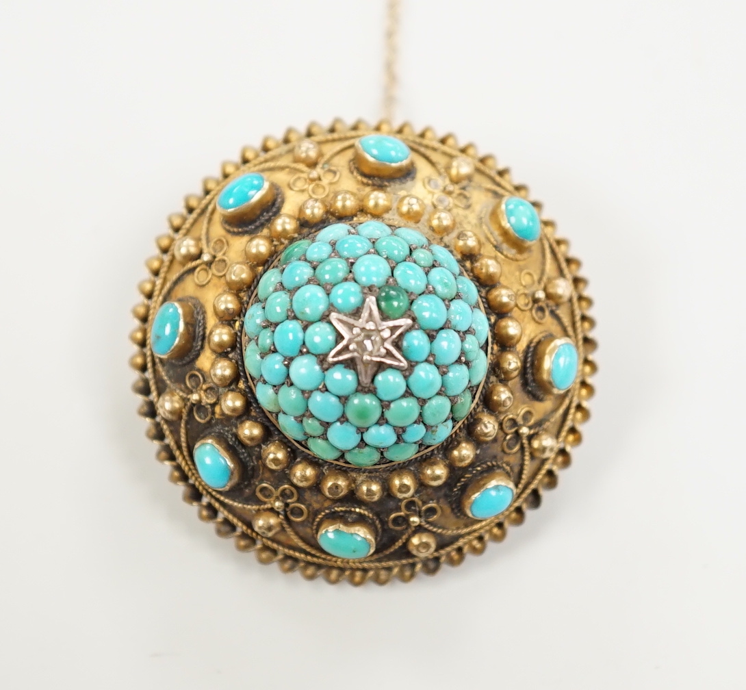A Victorian yellow metal, turquoise and diamond cluster set domed brooch, 35mm, gross weight 15.2 grams.